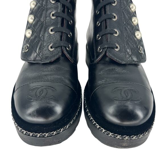 Chanel Crackled Calfskin CC Cap Toe Velvet Pearl Combat Boots in Black - Picture 7 of 16